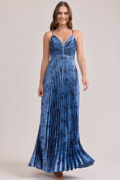 Vivian Satin Pleated Floral Print Dress | Made To Order | Indie Blue Bouquet