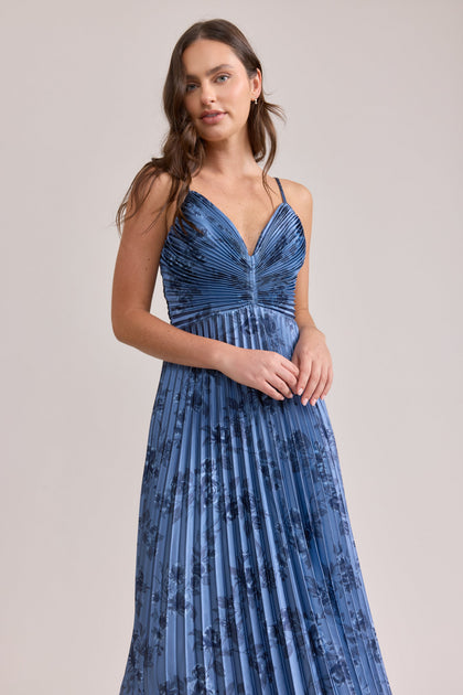 Vivian Satin Pleated Floral Print Dress | Made To Order | Indie Blue Bouquet