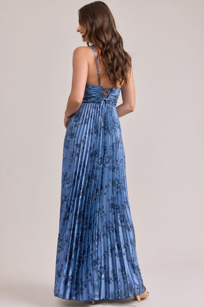 Vivian Satin Pleated Floral Print Dress | Made To Order | Indie Blue Bouquet