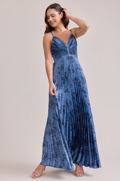 Vivian Satin Pleated Floral Print Dress | Made To Order | Indie Blue Bouquet