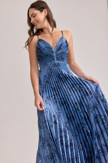 Vivian Satin Pleated Floral Print Dress | Made To Order | Indie Blue Bouquet