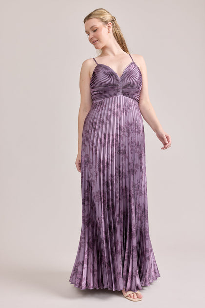 Vivian Satin Pleated Floral Print Dress | Made To Order | Lilac Bouquet