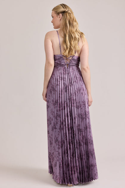 Vivian Satin Pleated Floral Print Dress | Made To Order | Lilac Bouquet