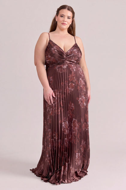 Vivian Satin Pleated Floral Print Dress | Mahogany Blooms