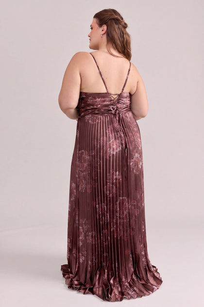 Vivian Satin Pleated Floral Print Dress | Mahogany Blooms