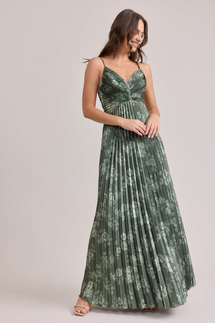 Vivian Satin Pleated Floral Print Dress | Made To Order | Olive Bouquet