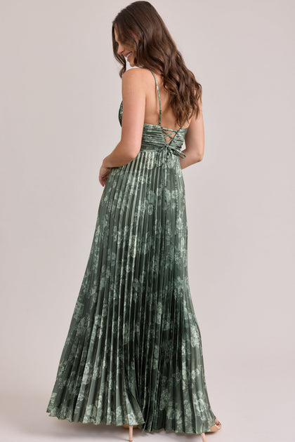 Vivian Satin Pleated Floral Print Dress | Made To Order | Olive Bouquet