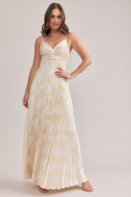Vivian Satin Pleated Floral Print Dress | Made To Order | Pale Yellow Bouquet