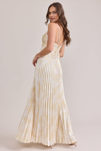 Vivian Satin Pleated Floral Print Dress | Made To Order | Pale Yellow Bouquet