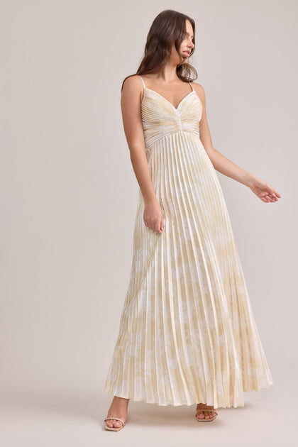 Vivian Satin Pleated Floral Print Dress | Made To Order | Pale Yellow Bouquet