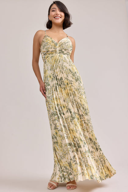 Vivian Satin Pleated Floral Print Dress | Made To Order | Pale Yellow Meadow Blooms