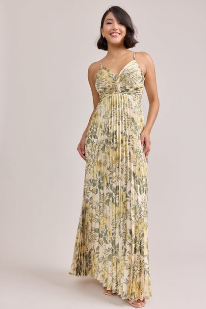 Vivian Satin Pleated Floral Print Dress | Made To Order | Pale Yellow Meadow Blooms