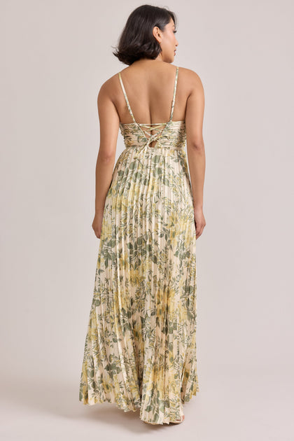 Vivian Satin Pleated Floral Print Dress | Made To Order | Pale Yellow Meadow Blooms