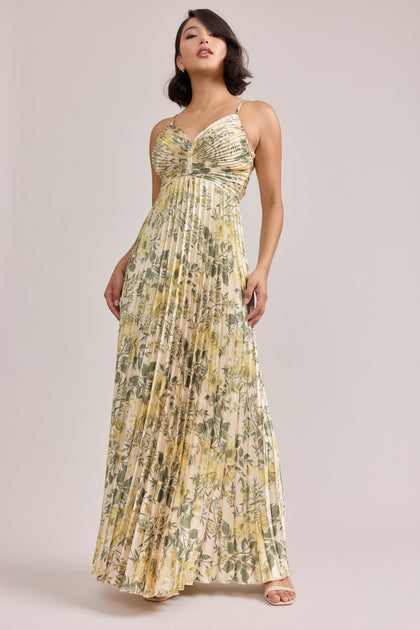 Vivian Satin Pleated Floral Print Dress | Made To Order | Pale Yellow Meadow Blooms