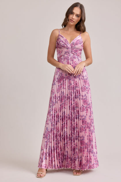 Vivian Satin Pleated Floral Print Dress | Made To Order | Perfect Pink Blossom