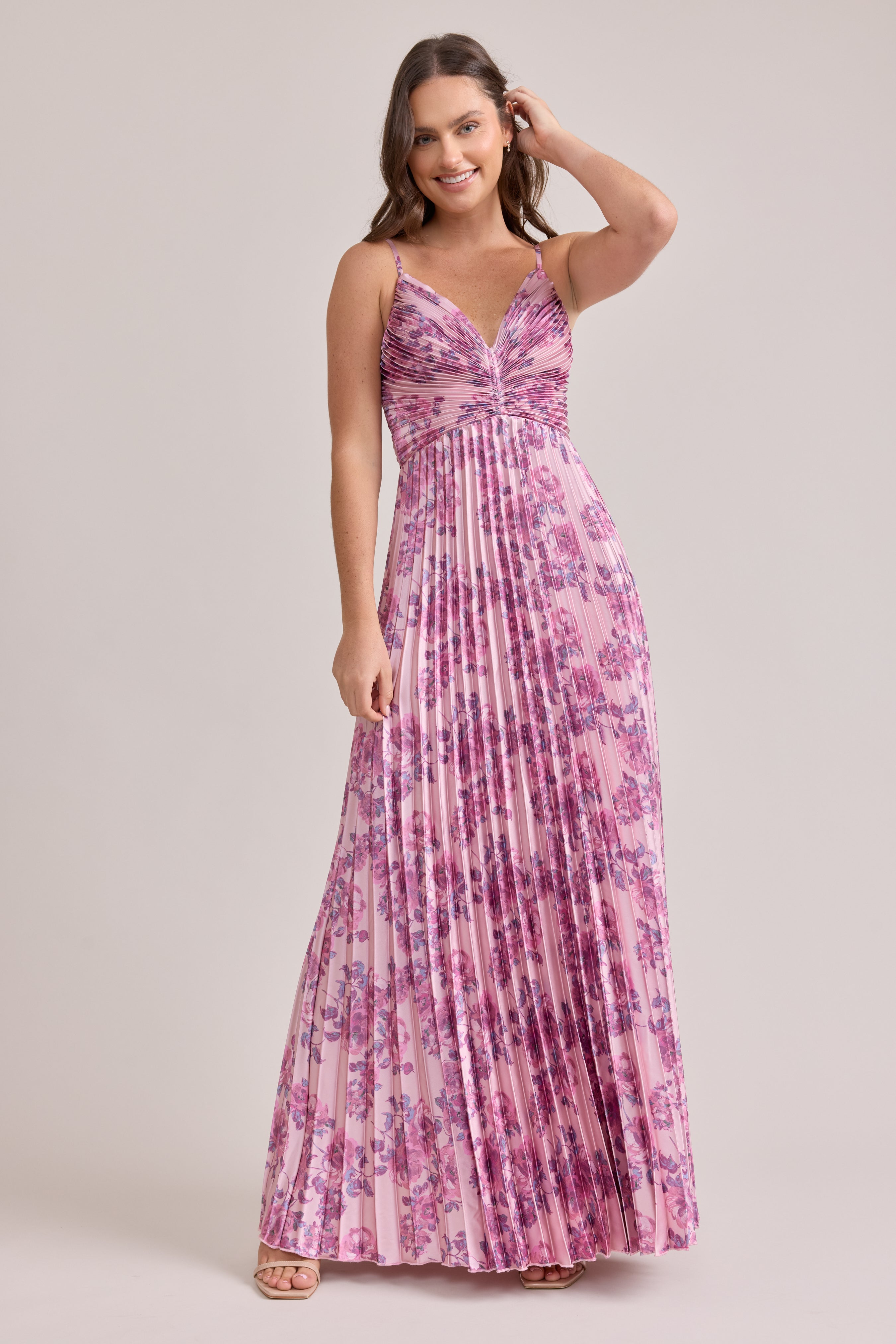 Vivian Satin Pleated Floral Print Dress