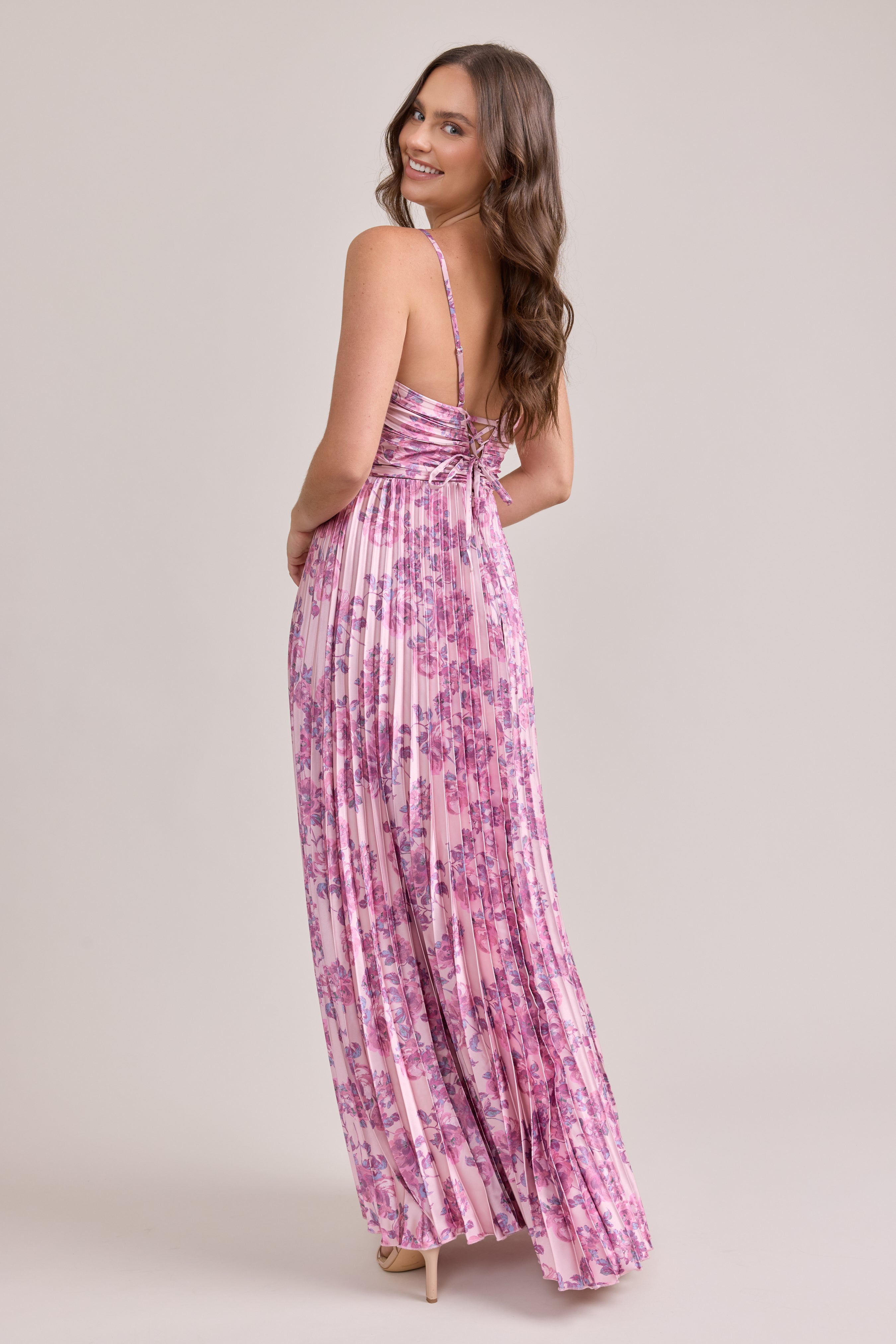 Vivian Satin Pleated Floral Print Dress