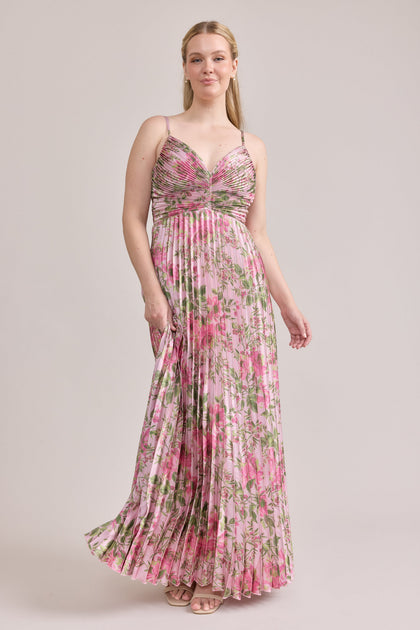 Vivian Satin Pleated Floral Print Dress | Made To Order | Perfect Pink Meadow Blooms