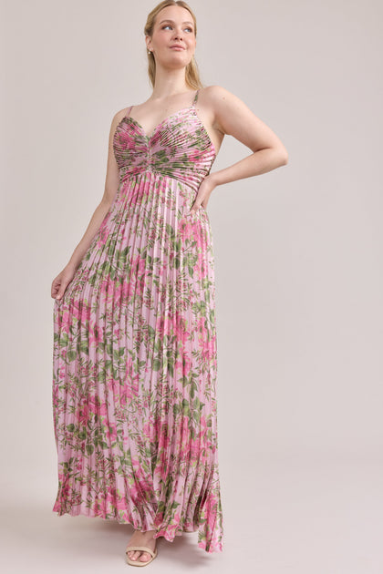 Vivian Satin Pleated Floral Print Dress | Made To Order | Perfect Pink Meadow Blooms