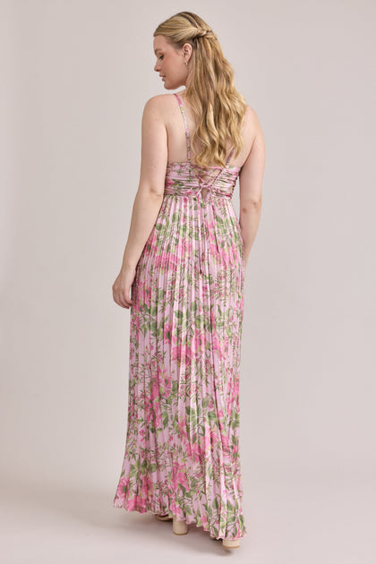 Vivian Satin Pleated Floral Print Dress | Made To Order | Perfect Pink Meadow Blooms