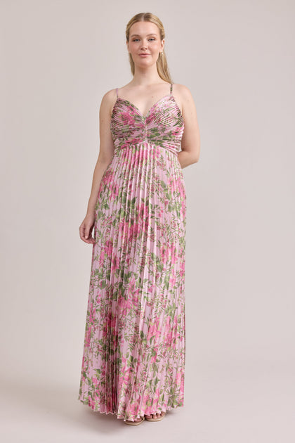 Vivian Satin Pleated Floral Print Dress | Made To Order | Perfect Pink Meadow Blooms