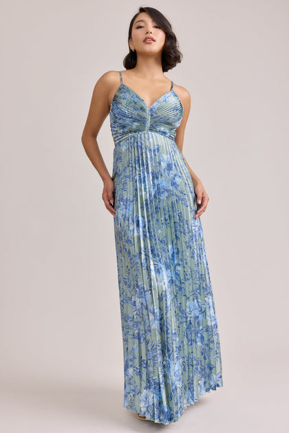 Vivian Satin Pleated Floral Print Dress | Made To Order | Sage and Sky Blue Meadow Blooms