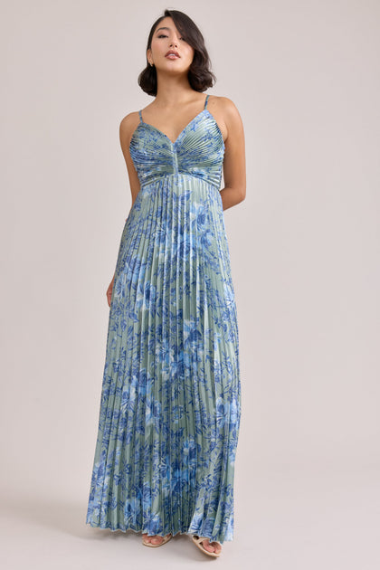Vivian Satin Pleated Floral Print Dress | Made To Order | Sage and Sky Blue Meadow Blooms