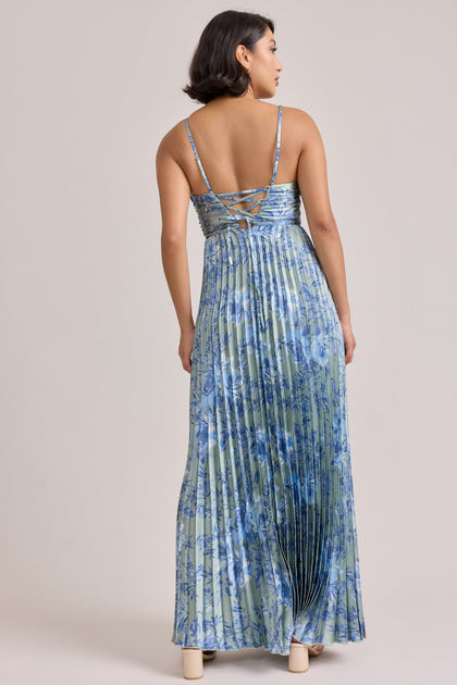 Vivian Satin Pleated Floral Print Dress | Made To Order | Sage and Sky Blue Meadow Blooms