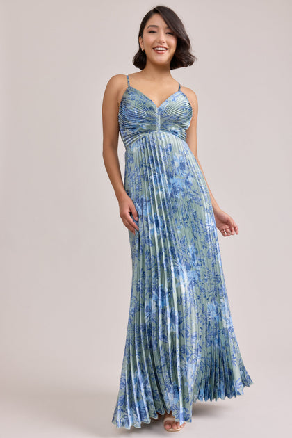 Vivian Satin Pleated Floral Print Dress | Made To Order | Sage and Sky Blue Meadow Blooms