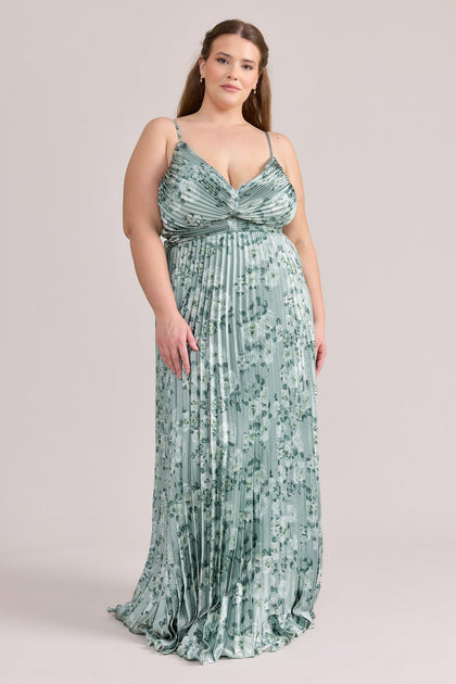Vivian Satin Pleated Floral Print Dress | Made To Order | Sage Blossom