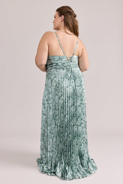 Vivian Satin Pleated Floral Print Dress | Made To Order | Sage Blossom