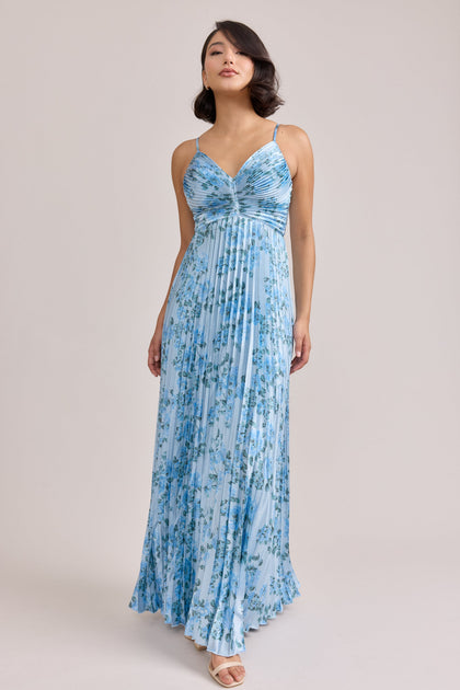 Vivian Satin Pleated Floral Print Dress | Made To Order | Sky Blue Blossom