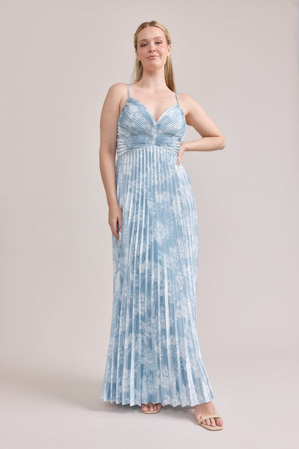 Vivian Satin Pleated Floral Print Dress | Made To Order | Sky Blue Bouquet
