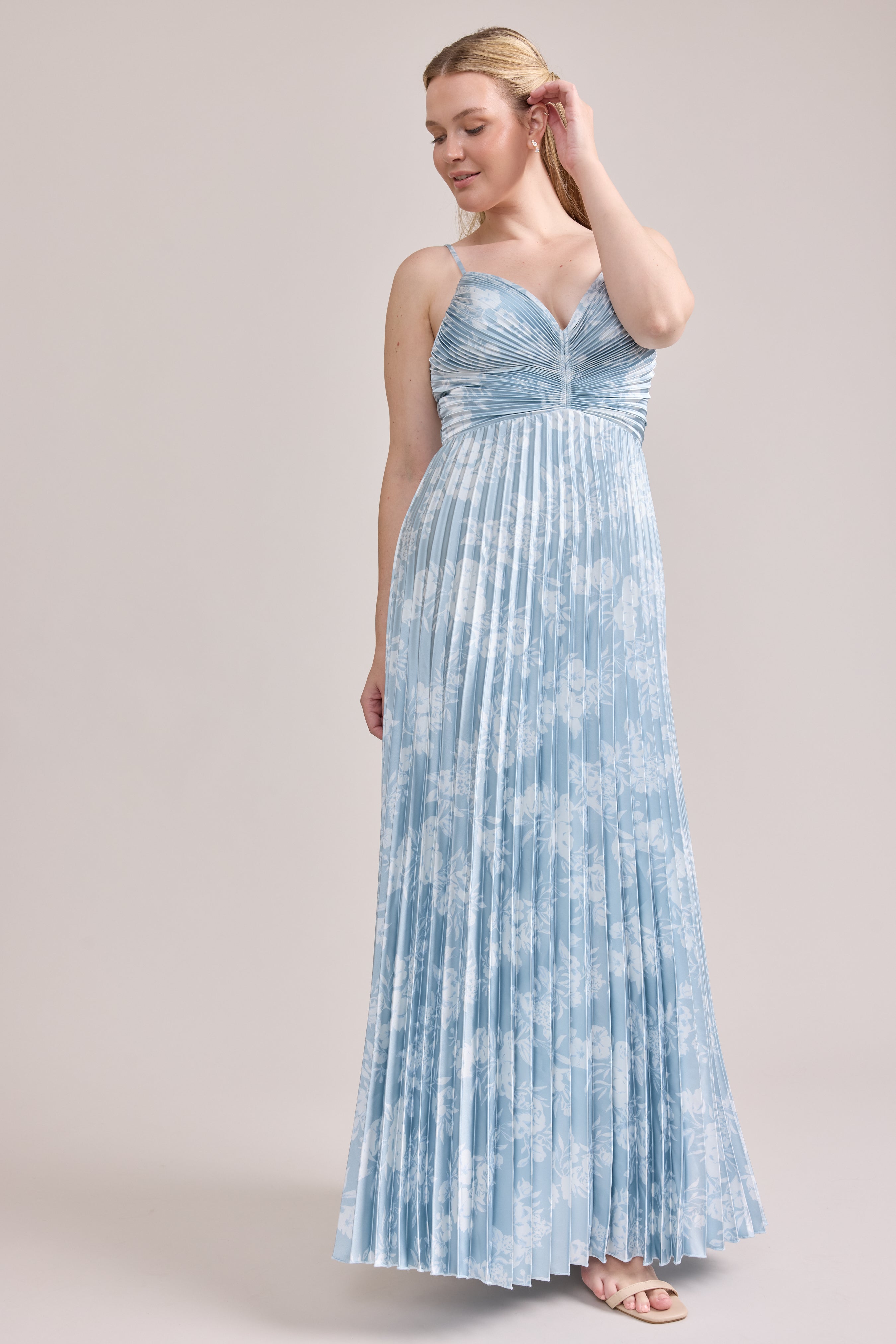 Vivian Satin Pleated Floral Print Dress