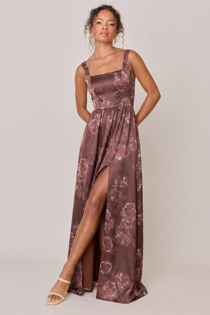 Whitney Satin Floral Print Dress | Made To Order | Mahogany Blooms