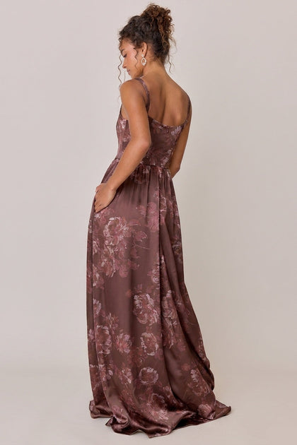 Whitney Satin Floral Print Dress | Made To Order | Mahogany Blooms