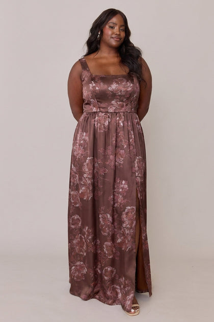 Whitney Satin Floral Print Dress | Made To Order | Mahogany Blooms