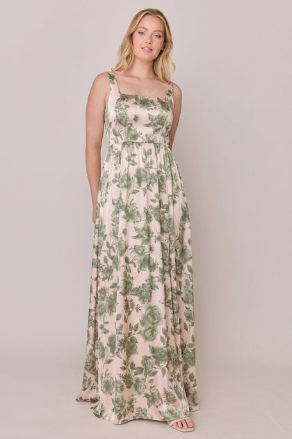 Whitney Satin Floral Print Dress | Made To Order | Moss Garden