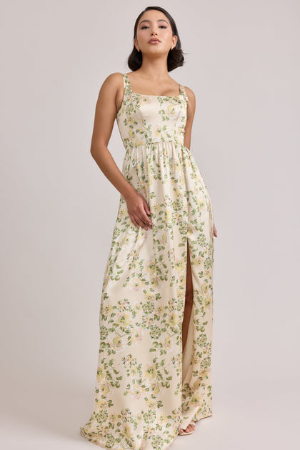 Whitney Satin Floral Print Dress | Made To Order | Pale Yellow Blossom