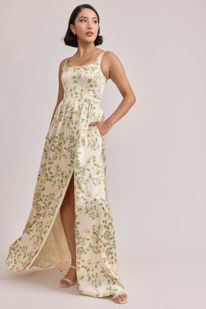 Whitney Satin Floral Print Dress | Made To Order | Pale Yellow Blossom