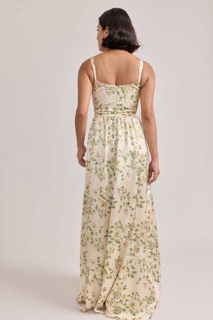 Whitney Satin Floral Print Dress | Made To Order | Pale Yellow Blossom