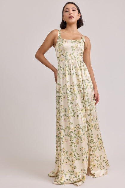 Whitney Satin Floral Print Dress | Made To Order | Pale Yellow Blossom