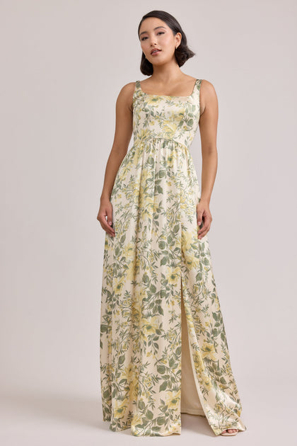 Whitney Satin Floral Print Dress | Made To Order | Pale Yellow Meadow Blooms