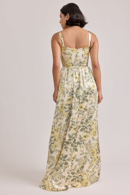 Whitney Satin Floral Print Dress | Made To Order | Pale Yellow Meadow Blooms