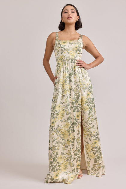 Whitney Satin Floral Print Dress | Made To Order | Pale Yellow Meadow Blooms