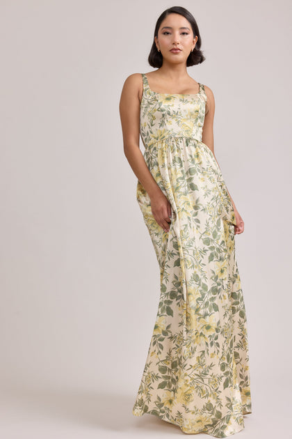 Whitney Satin Floral Print Dress | Made To Order | Pale Yellow Meadow Blooms