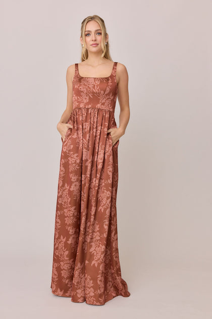 Whitney Satin Floral Print Dress | Made To Order | Rust Bouquet