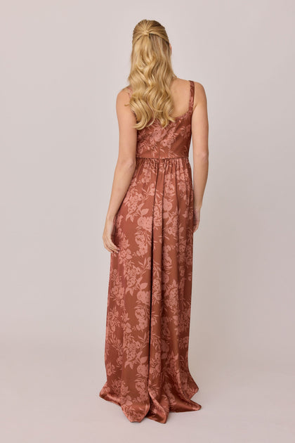 Whitney Satin Floral Print Dress | Made To Order | Rust Bouquet