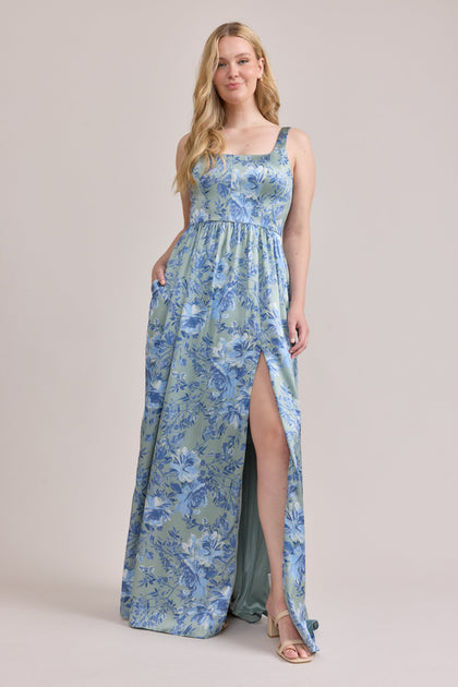 Whitney Satin Floral Print Dress | Made To Order | Sage and Sky Blue Meadow Blooms