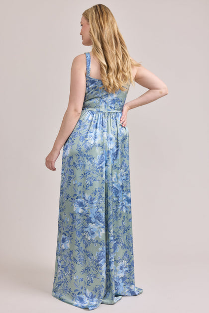 Whitney Satin Floral Print Dress | Made To Order | Sage and Sky Blue Meadow Blooms